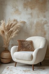 Curved chair and accent side table against stucco wall with rustic decor. Boho home interior design of modern living room, Generative AI