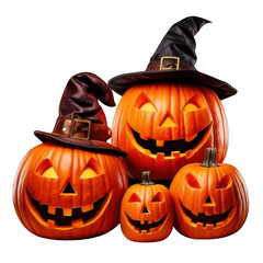 Halloween pumpkins set isolated on transparent white background, png. Halloween carved pumpkin lanterns with smiling faces and witch hats