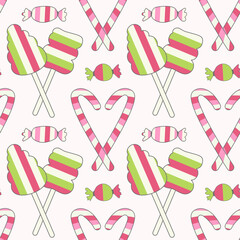 Seamless patterns with decorative sweets and lollipops on a light background. Green, red and white colors