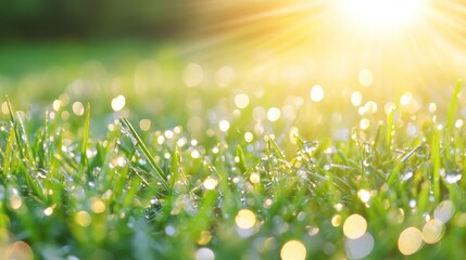 Obraz premium Dew-kissed grass bathed in morning sunlight