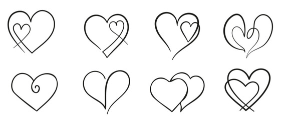 Vector set of hand drawn hearts on a white background.