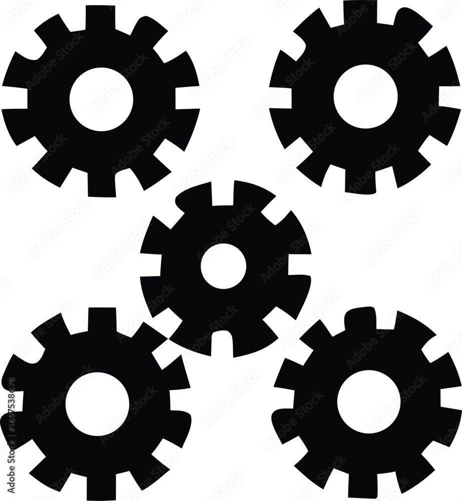 Poster five interlocking black gears arranged in a circular pattern symbolizing teamwork progress and mecha