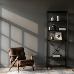 a modern living room setup with a brown leather armchair, a black bookshelf, and a grey wall with window shadows. The bookshelf is decorated with various decorative items.