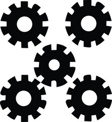 Five interlocking black gears arranged in a circular pattern symbolizing teamwork progress and mechanical engineering concepts in a clean graphic design