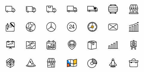 Fototapeta premium Collection of logistics and business icons featuring trucks map and charts in a minimalist style design