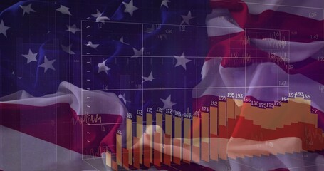 Naklejka premium Displaying American flag backdrop in digital environment, showing financial chart on 3D grid