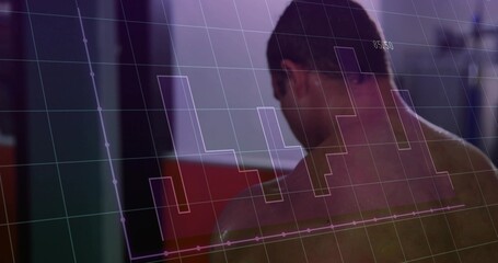 Standing bare torso male monitoring screen in control room with grid bar graph overlay, copy space