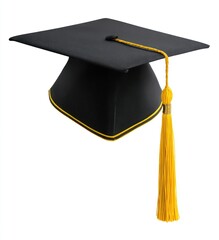 Black graduation cap with a gold tassel, isolated against a white background. A symbol of academic achievement