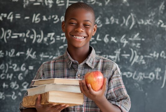 Smiling boy with stack of books and an apple against a blackboard covered in math formulas, captured in warm, soft, natural lighting