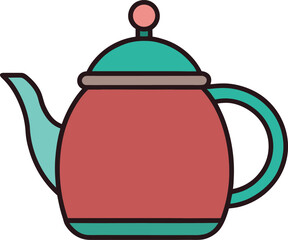 Stylized red and teal teapot with a pink knob on a black background