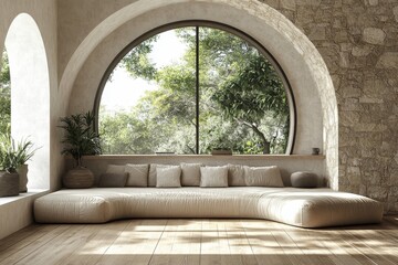 Mediterranean home interior design of modern living room. Curved sofa in room with arched window and stone tiled wall, Generative AI
