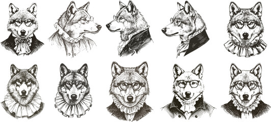 Vector gentleman, baron, marquis, noble, granny wolf heads. Vintage collection of beautiful sketches of clever animal in retro black and white style.