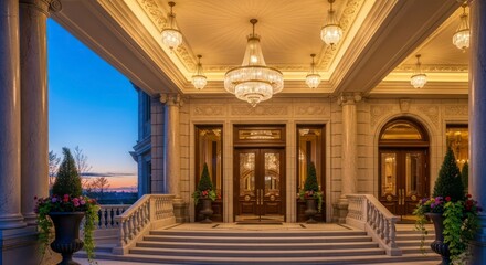 Elegant hotel entrance with grand architecture and design.