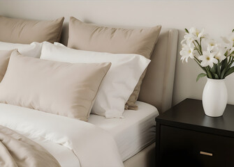 a neatly made bed with beige and white pillows and bedding. A vase of white flowers sits on a black nightstand next to the bed.