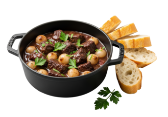 Classic boeuf bourguignon with tender beef, pearl onions, red wine gravy, fresh parsley, and baguette in a cast-iron cocotte on a transparent background, professional food photography concept