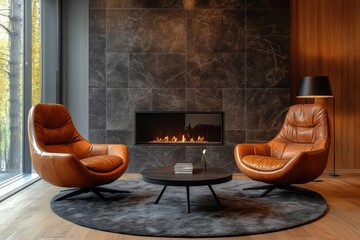 Mid-century style home interior design of modern living room. Brown leather sofa and chairs in room with fireplace, Generative AI