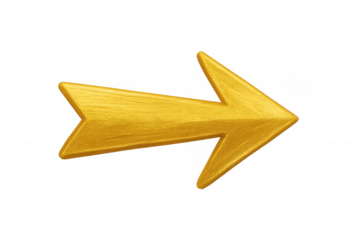 Golden metallic 3d arrow pointing rightward, gleaming with polished surface against transparent backdrop, indicating directional guidance or emphasizing key content