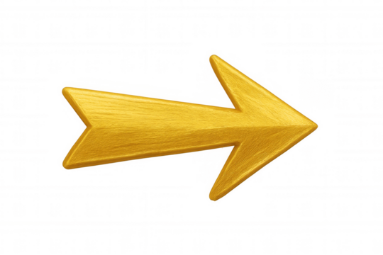 Golden metallic 3d arrow pointing rightward, gleaming with polished surface against transparent backdrop, indicating directional guidance or emphasizing key content