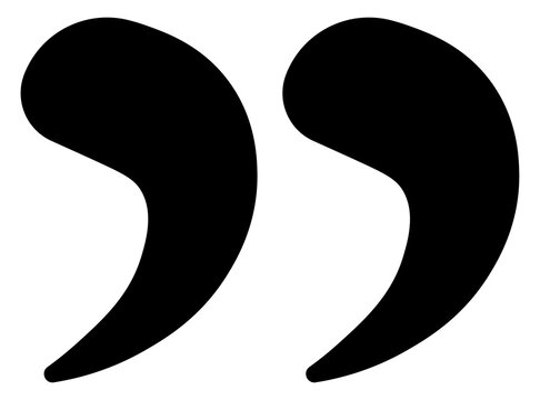 Double quotation marks icon for print media, copywriting layouts, and testimonials, bulb-style closing shape, bold black punctuation symbol for editorial graphics, PNG file