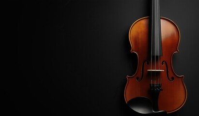 Fototapeta premium Manufactured violin isolated on black background with ample copy space, elegant musical instrument concept for education performance or classical music promotion