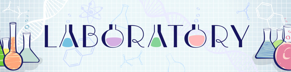 Laboratory horizontal banner with hand drawn artistic elements. Door sign with chemical test tubes and flasks. Notepad background