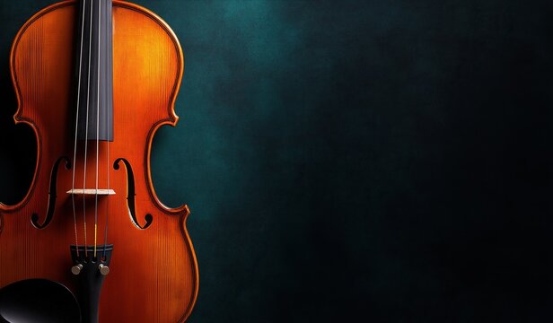 Elegant violin against dark green background, positioned at left edge with copy space on right for text or design elements, classical music instrument concept