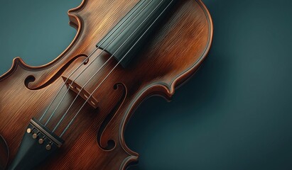 Close-up of elegant violin against dark background highlighting wood grain texture and details with soft lighting accentuating curves and lines for classical refined atmosphere