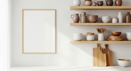 Minimalist Kitchen Decor: Wooden Shelves, Pottery, and Blank Frame Mockup