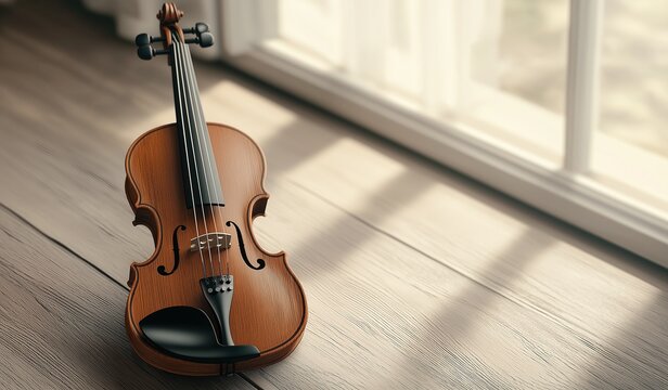 Elegant violin placed on floor before window with soft sunlight filtering through, warm inviting atmosphere highlighting wooden texture and creating serene musical ambiance for classical art forms - Powered by Adobe