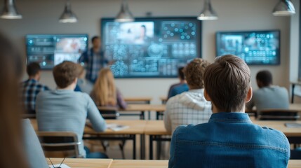 A modern classroom filled with students attentively watching a presentation displayed on multiple digital screens.