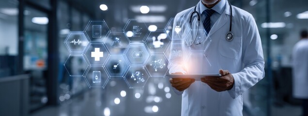 A doctor stands in a modern hallway, holding a tablet with illuminated medical icons