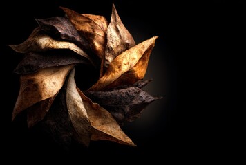 Fototapeta premium Brown and tan leaves are arranged in a circular pattern against a dark background. Soft lighting emphasizes texture
