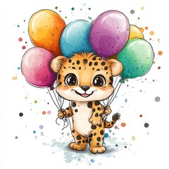 Funny cartoon party cheetah with air balloons isolated over white background. Colorful joyful greeting card for birthday or other festive events. Created with, Generative AI