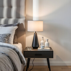  a modern bedroom scene with a bed and a nightstand. The nightstand has a lamp, decorative vases, and a glass of water on it.
