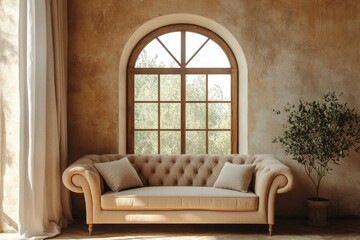 Beige elegant sofa against of arched window near brown stucco wa, Generative AI