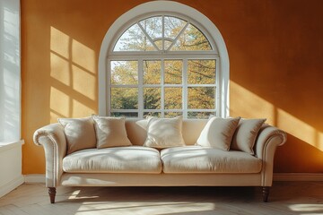 Beige elegant sofa against of arched window near brown stucco wa, Generative AI