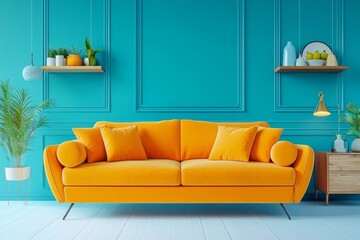 Vibrant orange sofa near blue wall with wooden cabinet and shelves. Scandinavian interior design of modern stylish living room. Created with, Generative AI