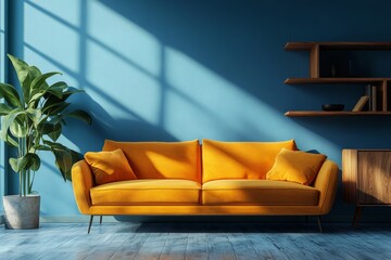 Vibrant orange sofa near blue wall with wooden cabinet and shelves. Scandinavian interior design of modern stylish living room. Created with, Generative AI
