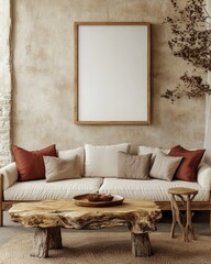 Rustic sofa and live edge coffee table against beige wall with big empty mock up poster frame. Scandinavian home interior design of modern living room in farmhouse, Generative AI