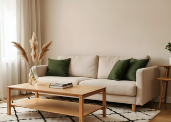 a cozy living room interior with a neutral color palette. A cream-colored sofa with green pillows is the focal point, complemented by a wooden coffee table and decorative elements like pampas grass.