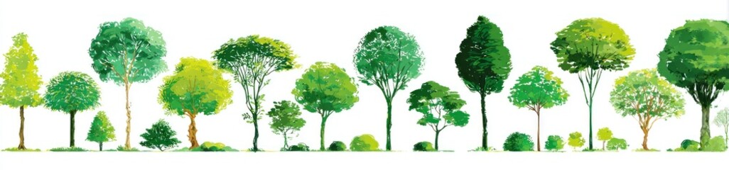 A line of diverse green trees. Watercolor style illustration on white background