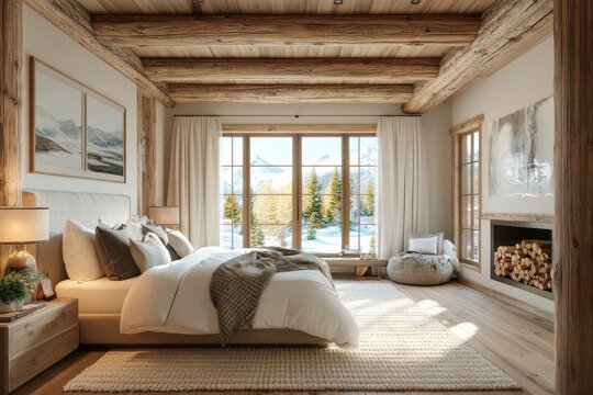 Ceiling with wooden beams and lining. Rustic interior design of modern bedroom with log columns in farmhouse. Created with, Generative AI
