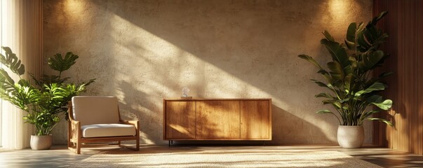 Interior with wooden cabinet and armchair 3d rendering, Generative AI
