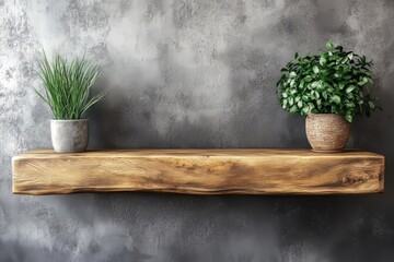 Wood wall floating shelf on stucco wall. Storage organization for home. Interior design of modern living room. Created with, Generative AI