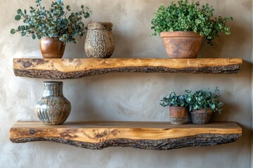 Wood wall floating shelf on stucco wall. Storage organization for home. Interior design of modern living room. Created with, Generative AI
