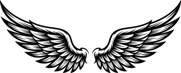 Obraz premium Black and white angel wings illustration, detailed feather tattoo design, spiritual fantasy art, decorative winged symbol, mythology inspiration, abstract vector drawing