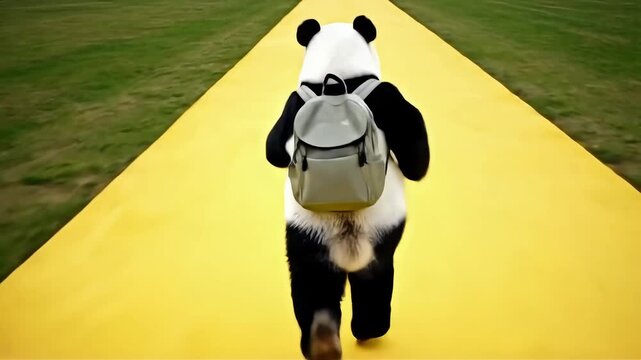 Adorable panda with backpack embarks on a whimsical journey down a vibrant yellow path, promising adventure and fun for all ages.