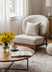 a modern living room with a beige sectional sofa and a wooden coffee table. A white vase with white flowers sits on the table, and green and striped pillows decorate the sofa.