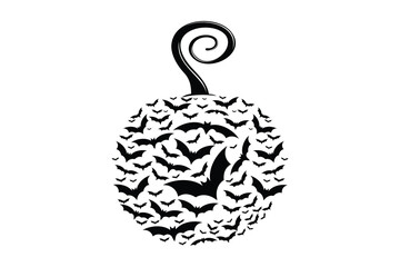 Creative Halloween vector illustration of a pumpkin silhouette formed by a swarm of flying bats with a curly stem. Perfect for Halloween decorations, party invitations, posters and greeting cards.