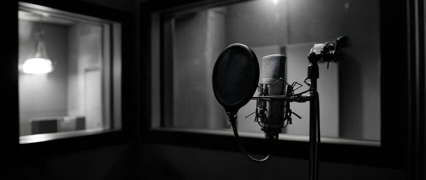 Studio microphone with pop filter stands ready for recording inside a soundproof booth in grayscale